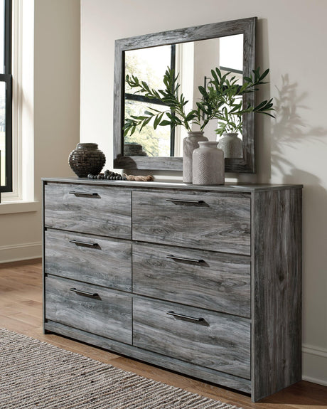 Baystorm Gray 6-drawer dresser and mirror angled front view