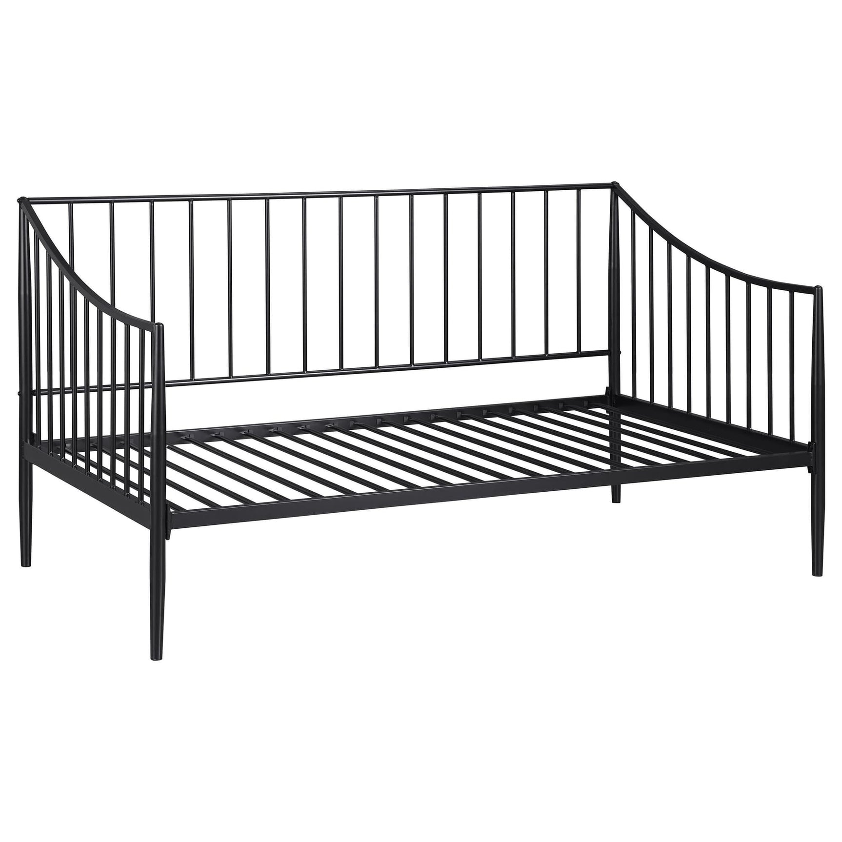 Newbury metal twin daybed frame in matte black, angled side view