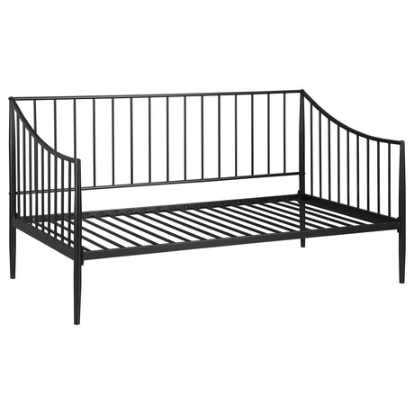 Newbury metal twin daybed frame in matte black, angled side view