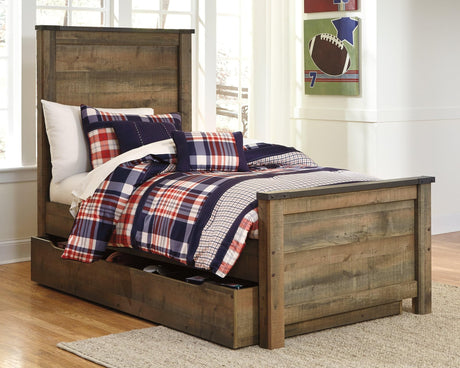 Trinell Brown Twin Panel Bed with Large Storage Drawer, angled view