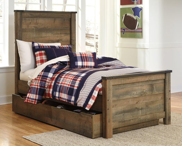 Trinell Brown Twin Panel Bed with Large Storage Drawer, angled view