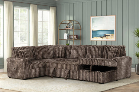 Front angle of Sonic Brown sectional sofa with pull-out bed and storage chaise
