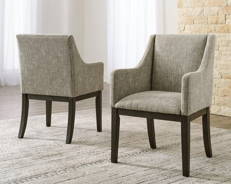 Burkhaus Dark Brown Upholstered Dining Arm Chair front angle