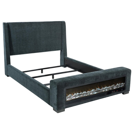 Preston upholstered queen bed blue front view with wingback headboard