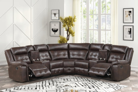 Jacob Espresso Leather Gel Reclining Sectional sofa front view showing two recliners