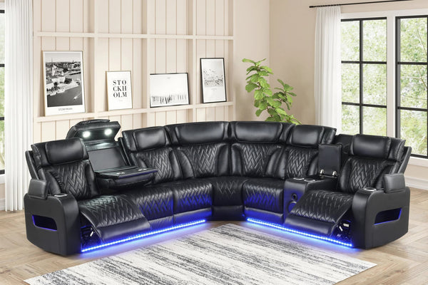 Barcelona black leather power reclining sectional front view