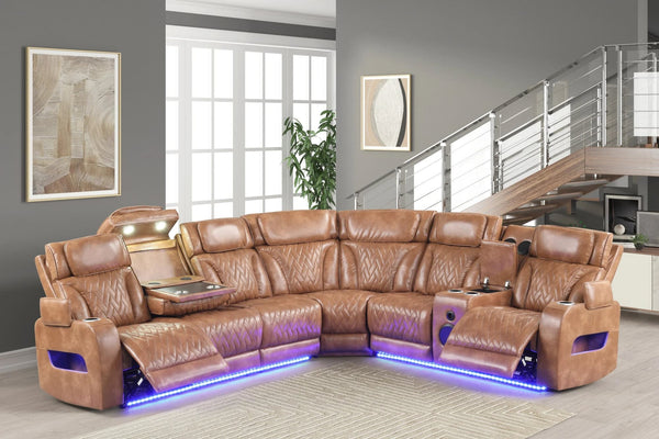 Barcelona brown leather power reclining sectional full view