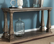 Johnelle Gray Sofa Table front view showing plank-effect tabletop and weathered gray finish