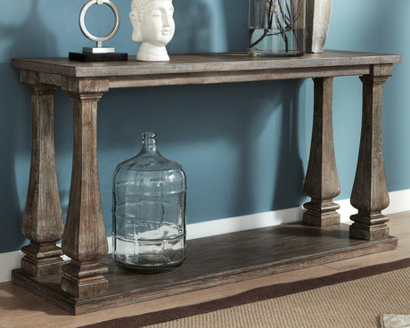 Johnelle Gray Sofa Table front view showing plank-effect tabletop and weathered gray finish