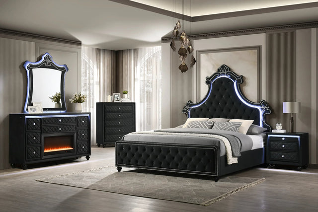 Front view of Majesty Black Upholstered Tufted LED Panel Bedroom Set bed