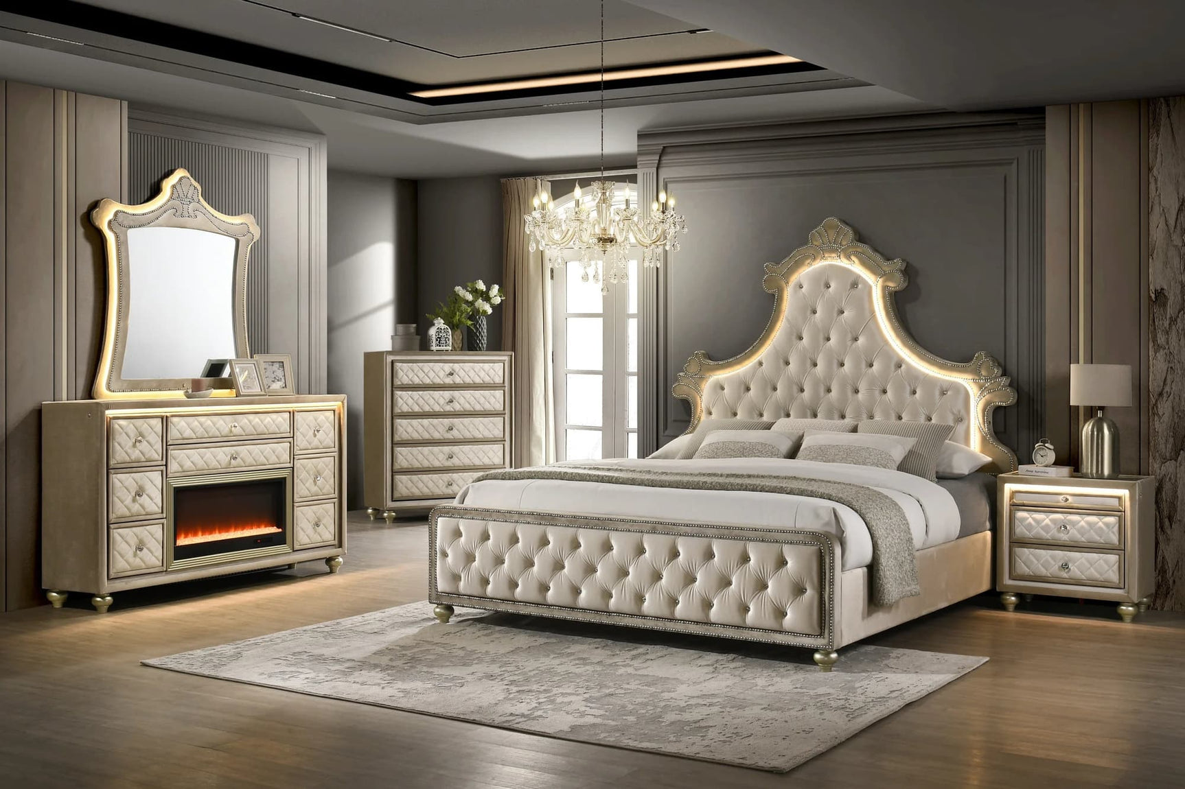 Majesty Beige Upholstered Tufted LED Panel Bedroom Set bed front view