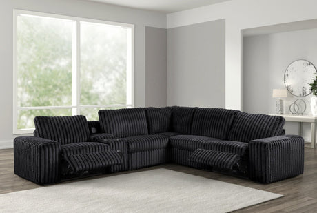 Amelia Onyx power reclining sectional front view showing blue upholstery and reclining seat