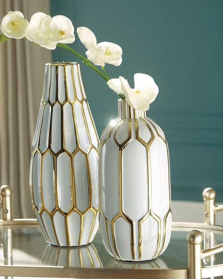 Mohsen Gold Finish white ceramic large vase front angle