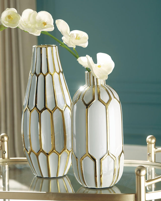 Mohsen Gold Finish white ceramic large vase front angle