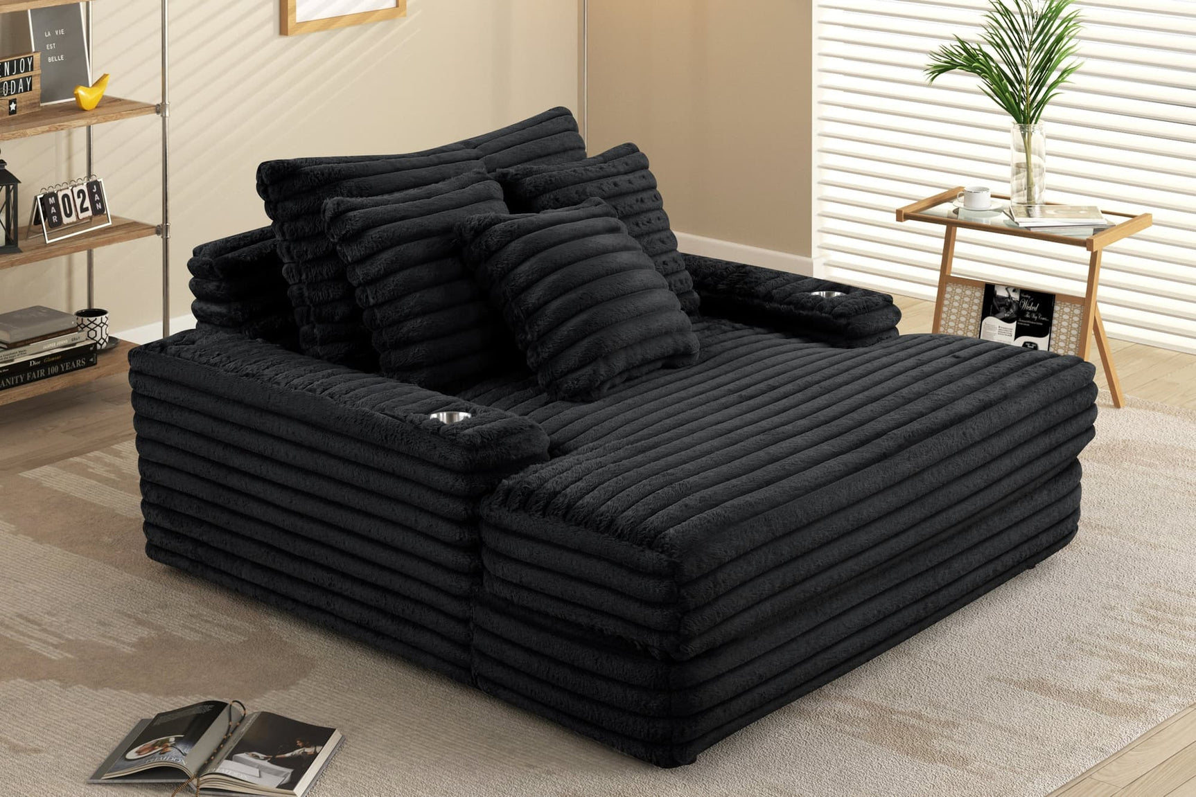 Fortin chaise lounge in black fur cord fabric, side view