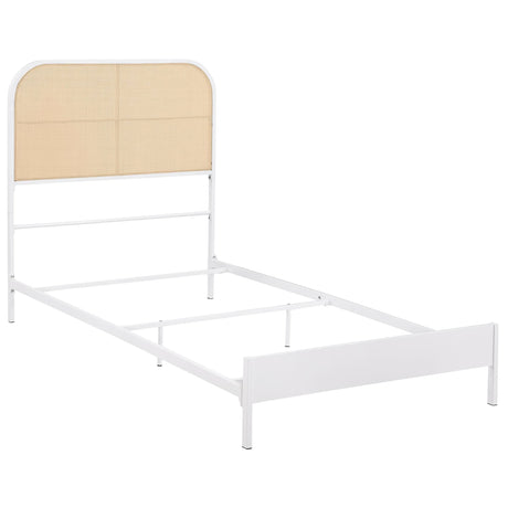Amherst Twin Bed with white metal frame and radio weave rattan headboard front view