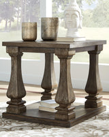 Johnelle Gray End Table front view showing drawer and lower shelf