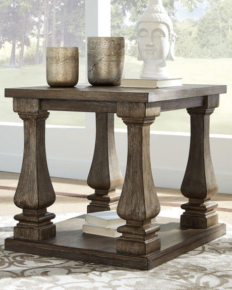 Johnelle Gray End Table front view showing drawer and lower shelf