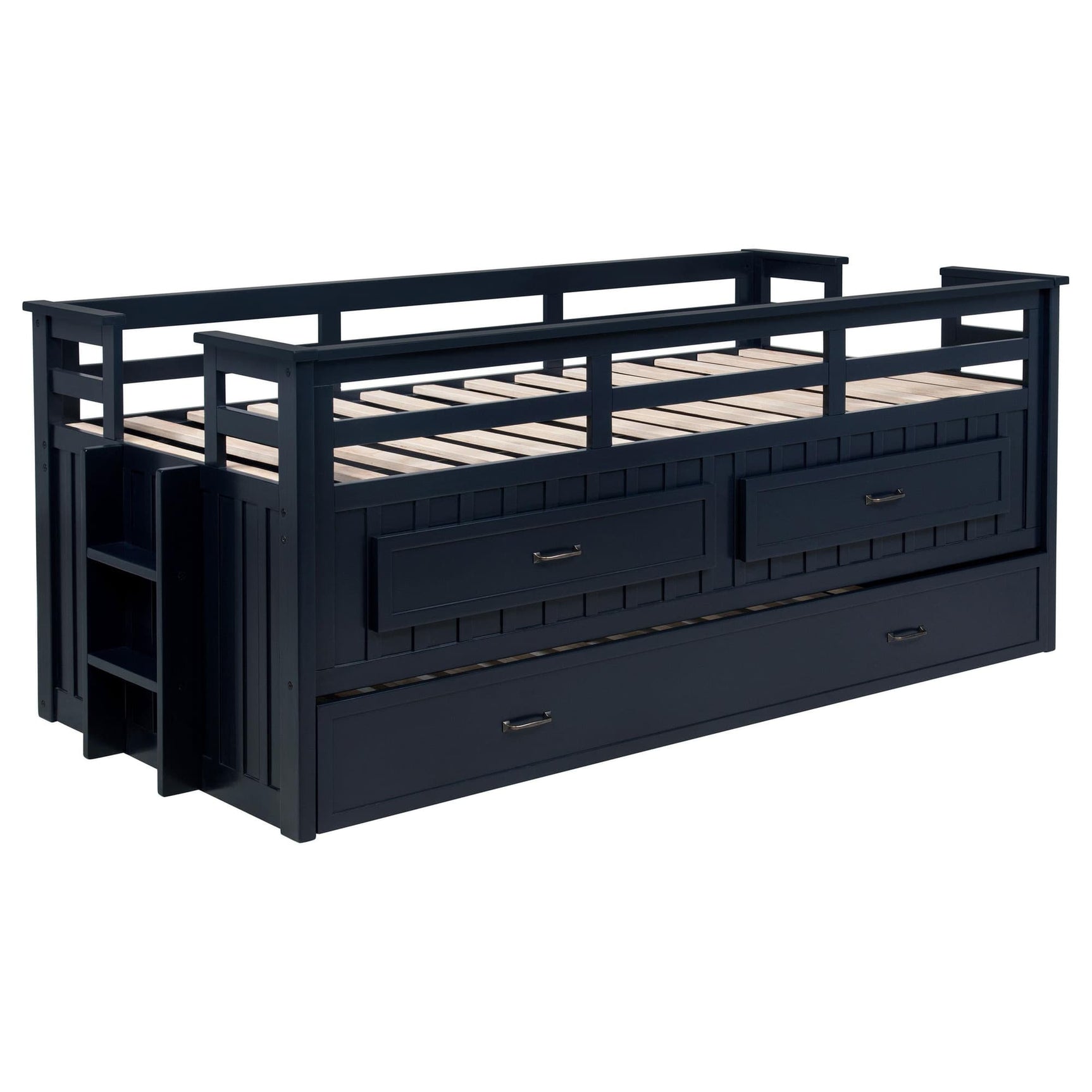 Carlsbad Wood Twin Captain's Bed in navy blue front view with trundle pulled out