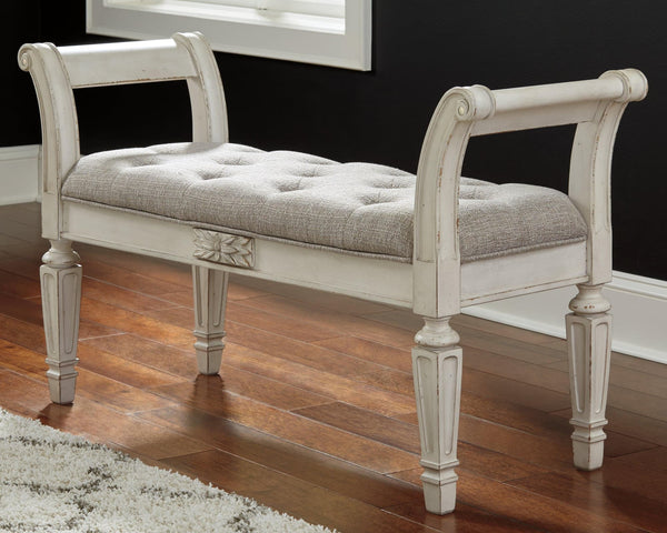 Realyn Antique White Tufted Accent Bench front angle