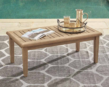 Gerianne grayish brown eucalyptus outdoor coffee table angled side view