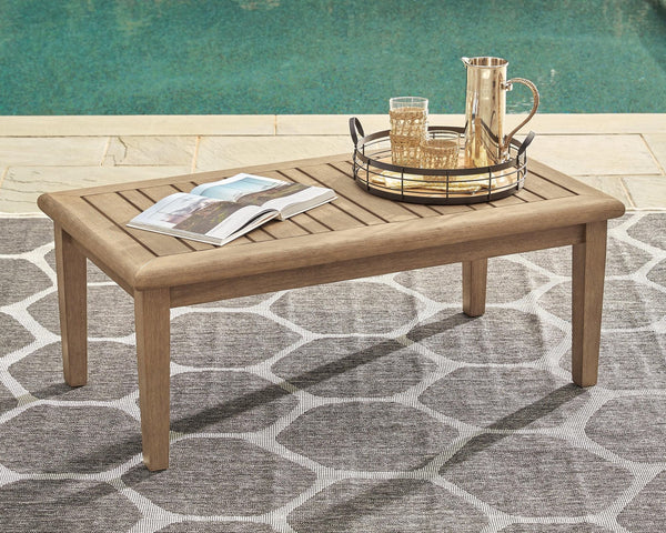 Gerianne grayish brown eucalyptus outdoor coffee table angled side view