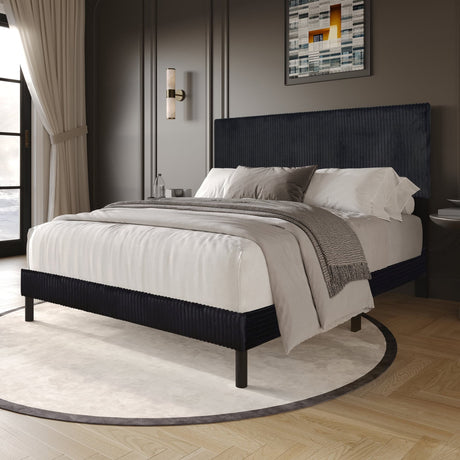Helen Black Cord Fabric Queen Platform Bed front view
