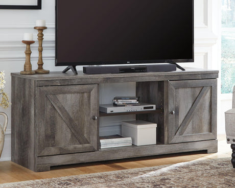 Wynnlow Gray 63 inch TV Stand angled view showing storage cabinets