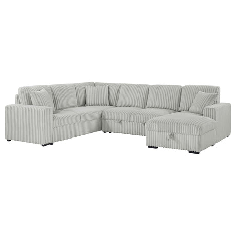 Devonshire grey corduroy sleeper sectional sofa with storage chaise, front view