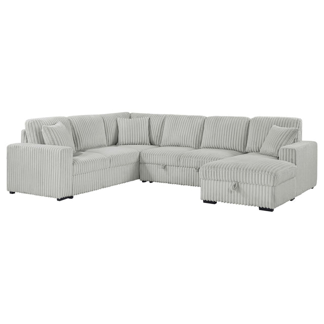 Devonshire grey corduroy sleeper sectional sofa with storage chaise, front view