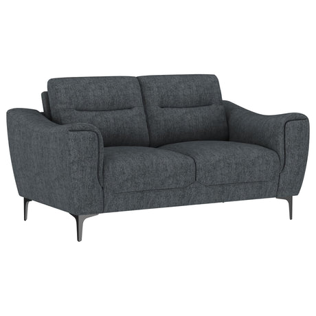 Nolan charcoal upholstered sloped track arm loveseat front view