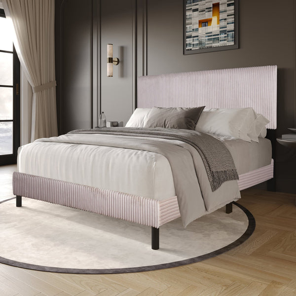 Helen Beige Cord Fabric Full Platform Bed front view