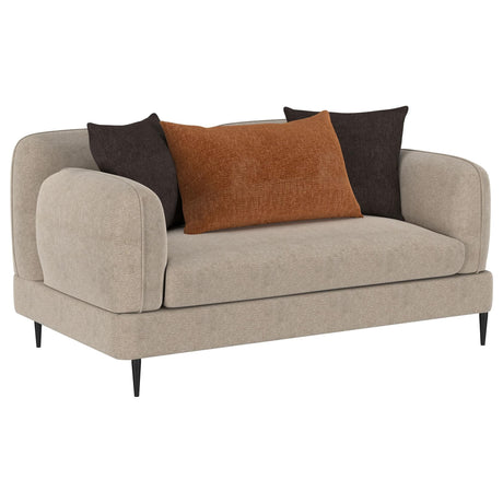 Jade Latte chenille upholstered loveseat front view with sculpted track arms