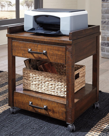 Baldridge Rustic Brown Printer Stand front view showing open shelves