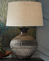 Magan Antique Bronze Finish Table Lamp front view with fabric shade