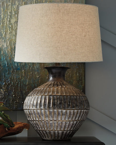 Magan Antique Bronze Finish Table Lamp front view with fabric shade
