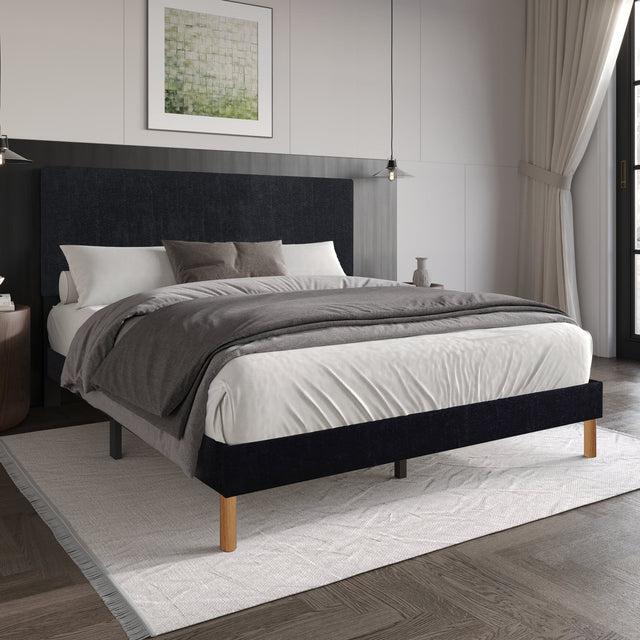 Harry Black Upholstered Platform King Bed front view