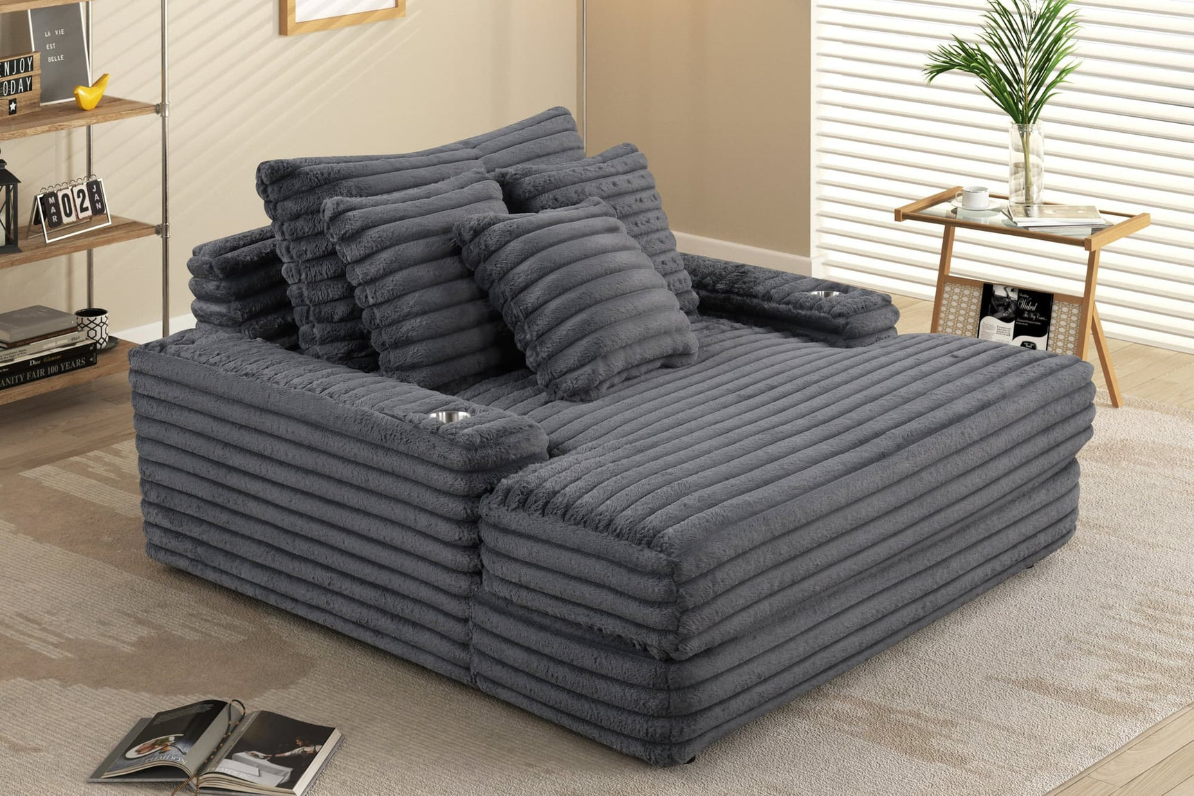 Cona Charcoal Fur Cord Fabric Chaise front view
