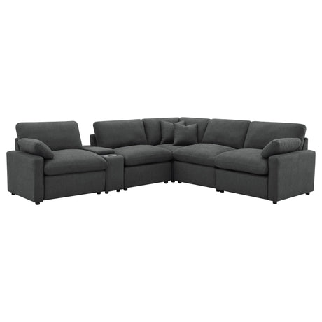 Collins 6-piece Modular Power Reclining Sectional in dark grey fabric, angled front view