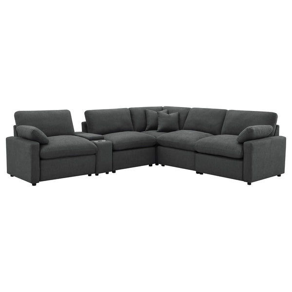 Collins 6-piece Modular Power Reclining Sectional in dark grey fabric, angled front view
