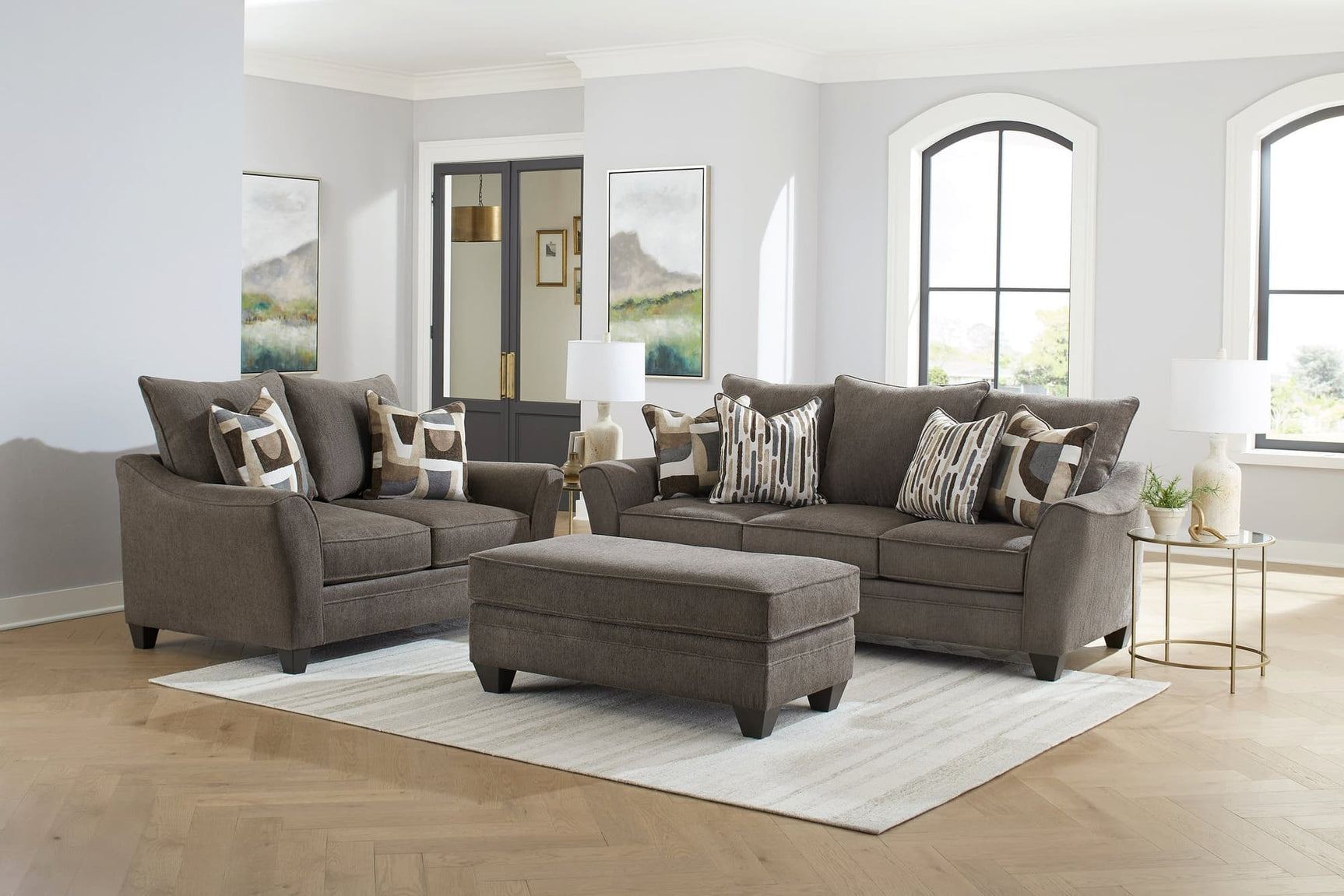 Trini Walnut sofa and loveseat set from front angle