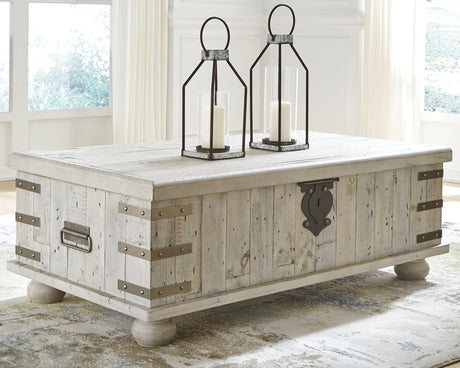 Carynhurst White Wash Gray Lift Top Coffee Table front view