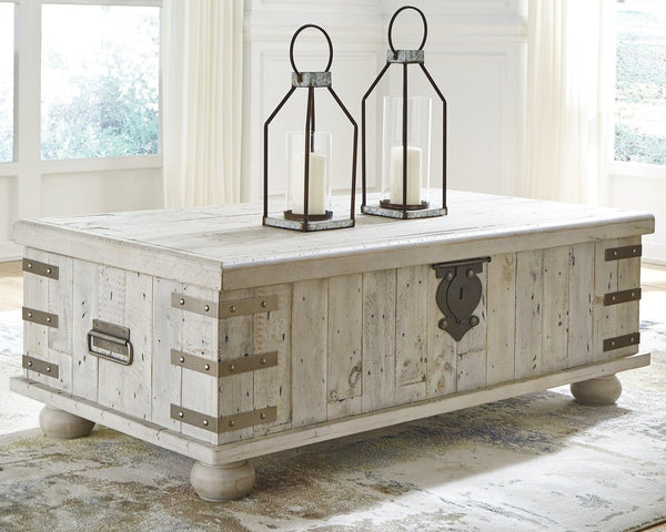 Carynhurst White Wash Gray Lift Top Coffee Table front view