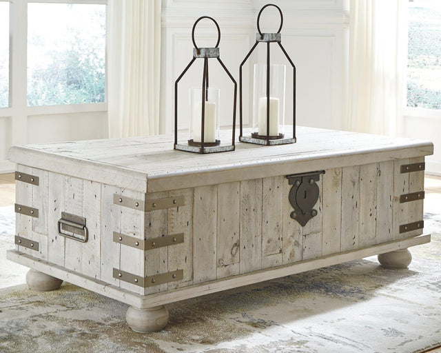Carynhurst White Wash Gray Lift Top Coffee Table front view