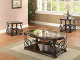 Laney 3-piece glass top coffee and end table set in dark merlot, front angle