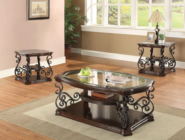 Laney 3-piece glass top coffee and end table set in dark merlot, front angle