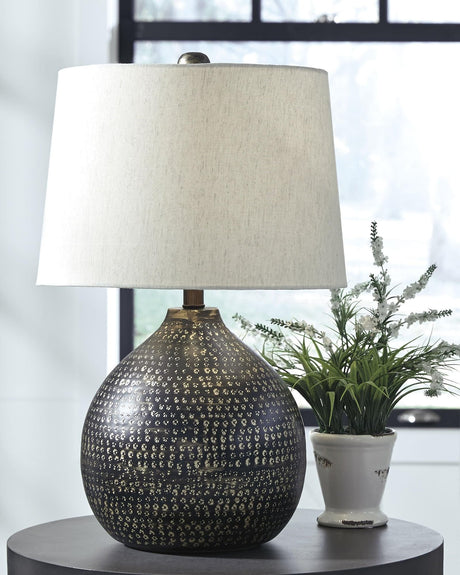 Maire black and gold metal table lamp front angle