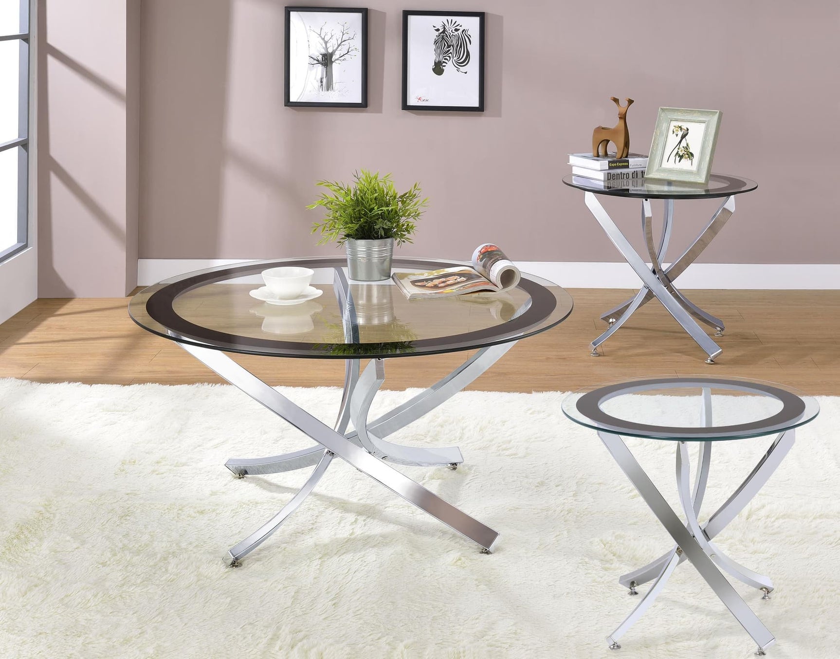 Brooke 3-piece round coffee and end table set with chrome metal base, front angle