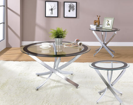 Brooke 3-piece round coffee and end table set with chrome metal base, front angle