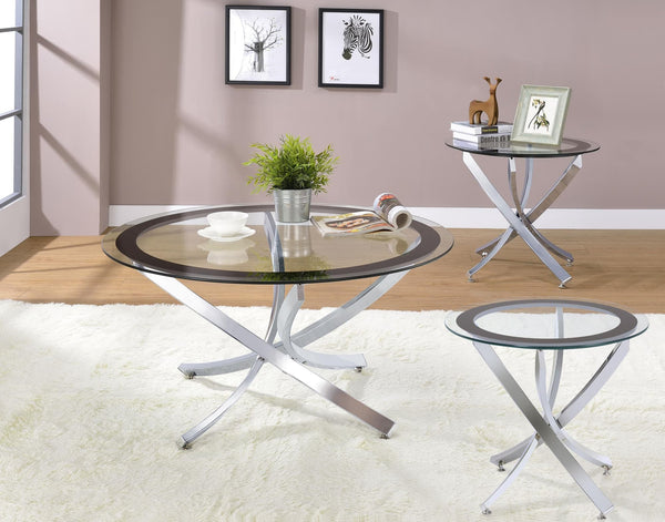 Brooke 3-piece round coffee and end table set with chrome metal base, front angle